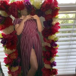 burgundy with white stripes slit dress